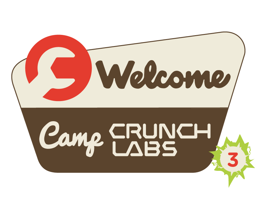 Stylized 'Welcome to Camp CrunchLabs' sign with a circular red logo. The number 3 is in the lower right corner.