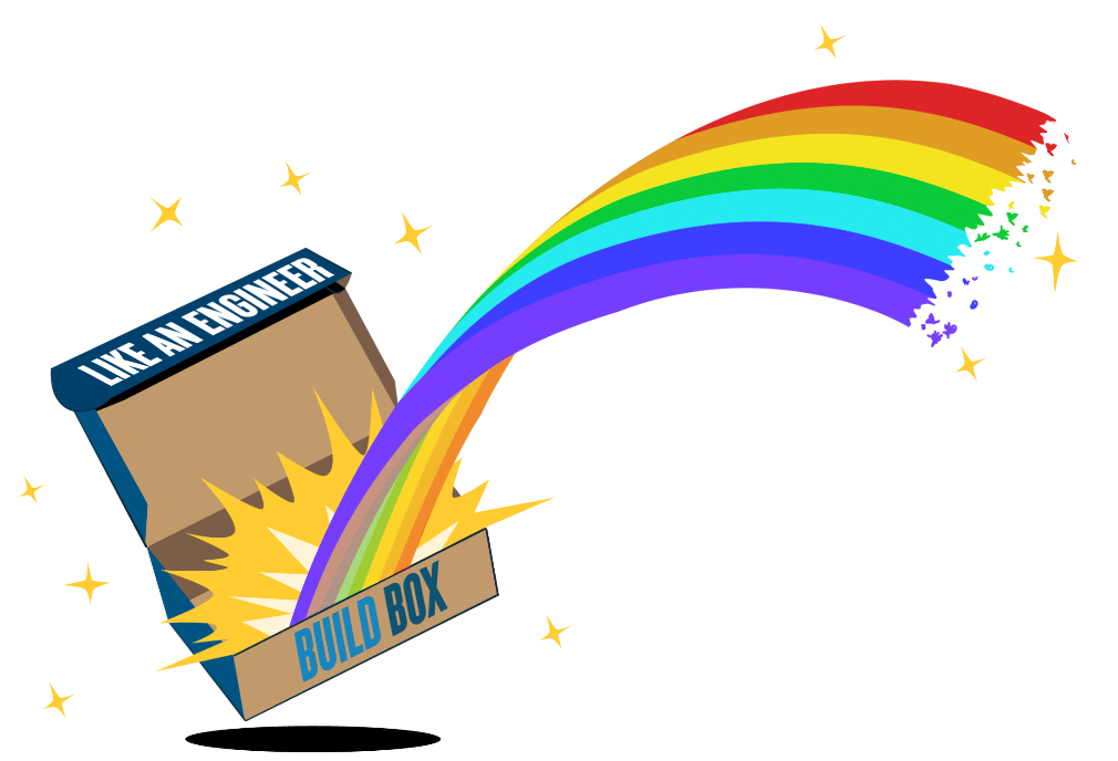 A drawing of a rainbow coming out of a CrunchLabs Build Box.