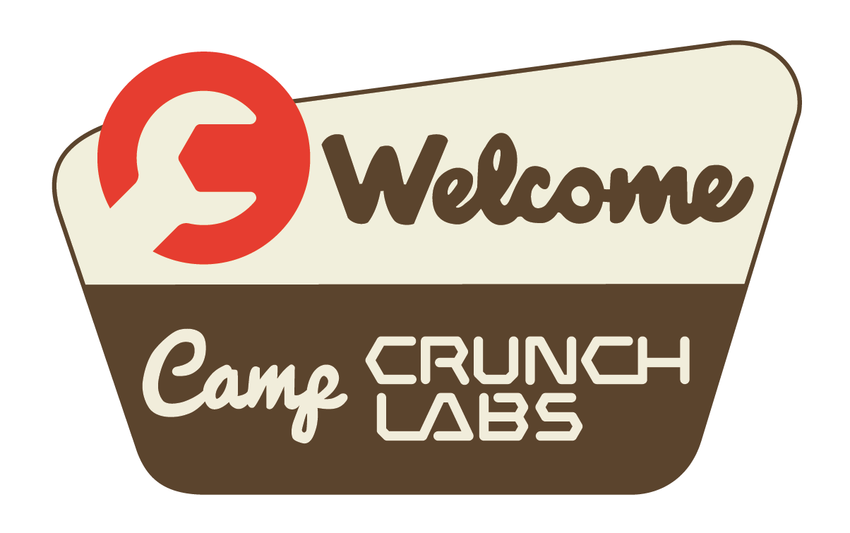 Stylized 'Welcome to Camp Crunch Labs' sign with a circular red logo.