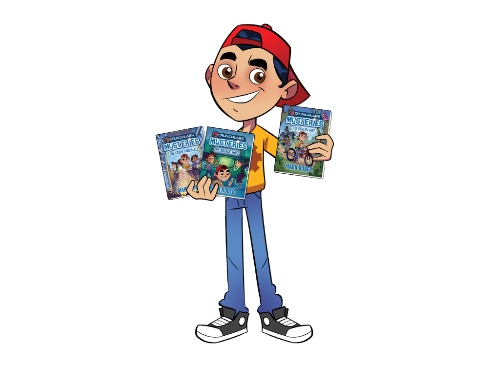 Cartoon of Young Mark Rober Holding the CrunchLabs Mysteries 3-Book Bundle