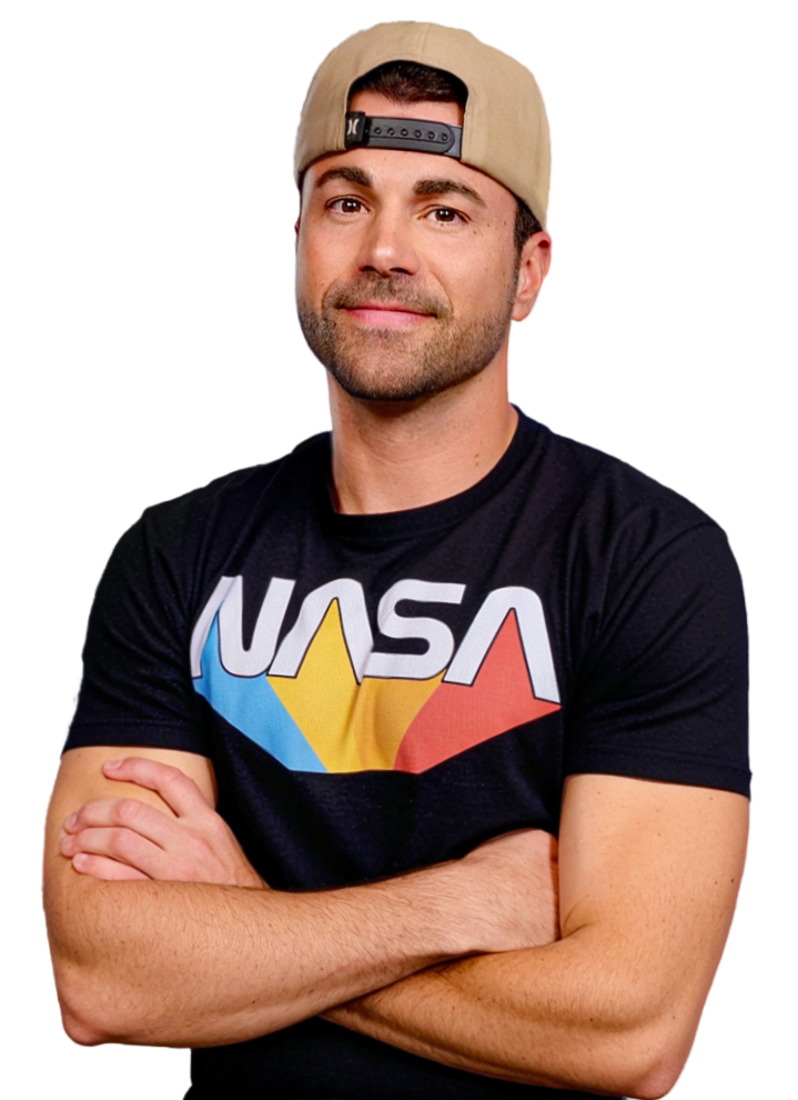 Photo of Mark Rober Wearing a NASA Shirt (Arms Crossed)