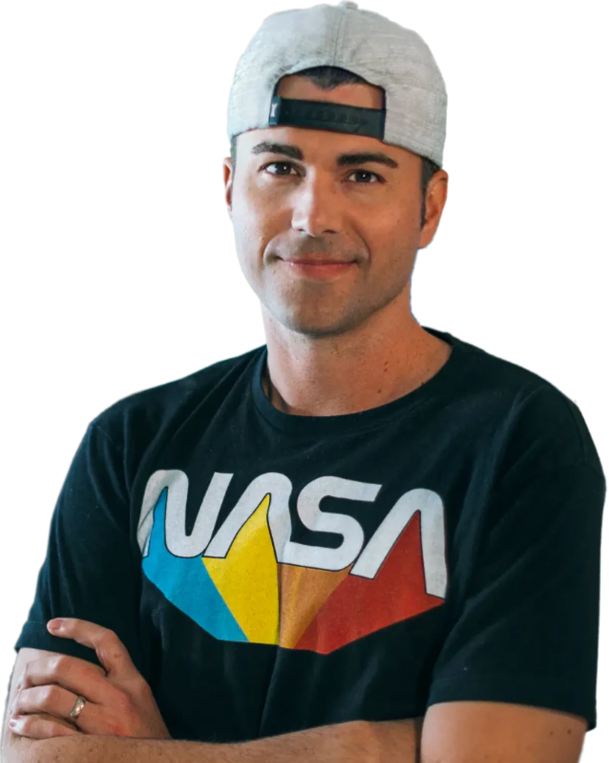 Photo of Mark Rober Wearing a NASA Shirt (Arms Crossed)