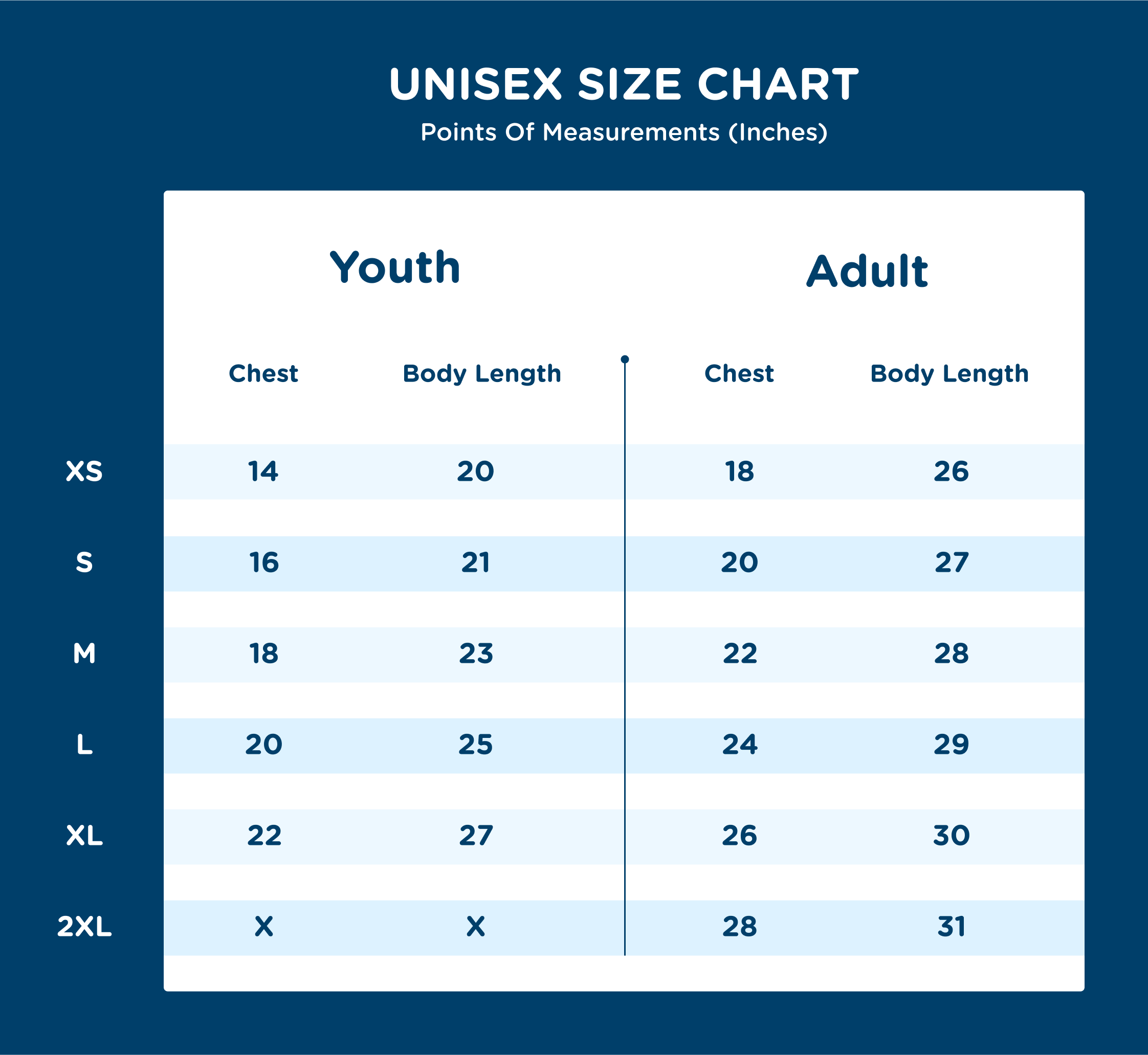 popup size chart